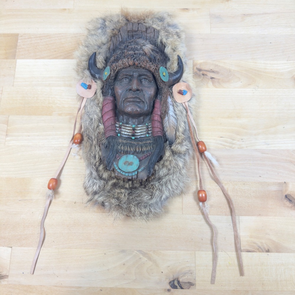 Vintage Native American Style Chief Wall Plaque Faux Fur Leather Wood Decor